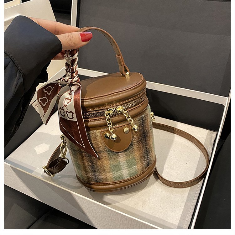 PU Bucket Shoulder Bag with Zipper and Stitching Detail - Gray Plaid,Green Plaid,Black Red Plaid - One Size