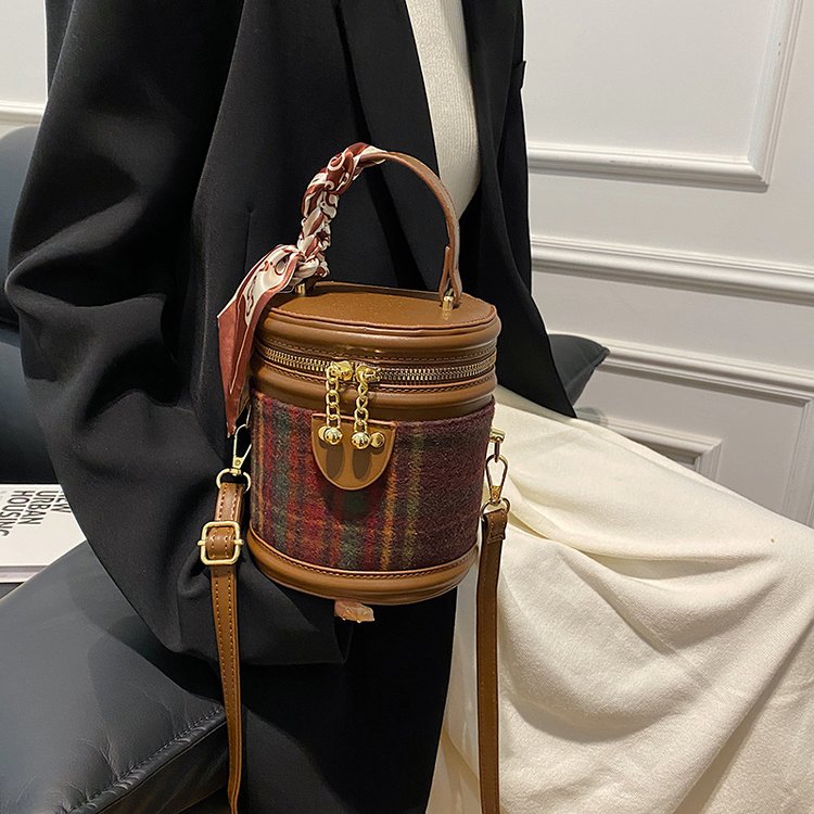 PU Bucket Shoulder Bag with Zipper and Stitching Detail - Gray Plaid,Green Plaid,Black Red Plaid - One Size - Image 4