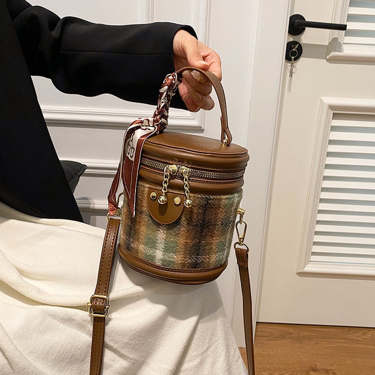 PU Bucket Shoulder Bag with Zipper and Stitching Detail - Gray Plaid,Green Plaid,Black Red Plaid - One Size - Image 3