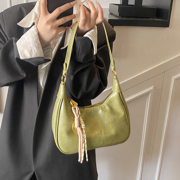 PU Shoulder Crossbody Handbag with Zipper and Stitching Detail - White,Black,Khaki,Green - One Size,with Pendant - Image 2