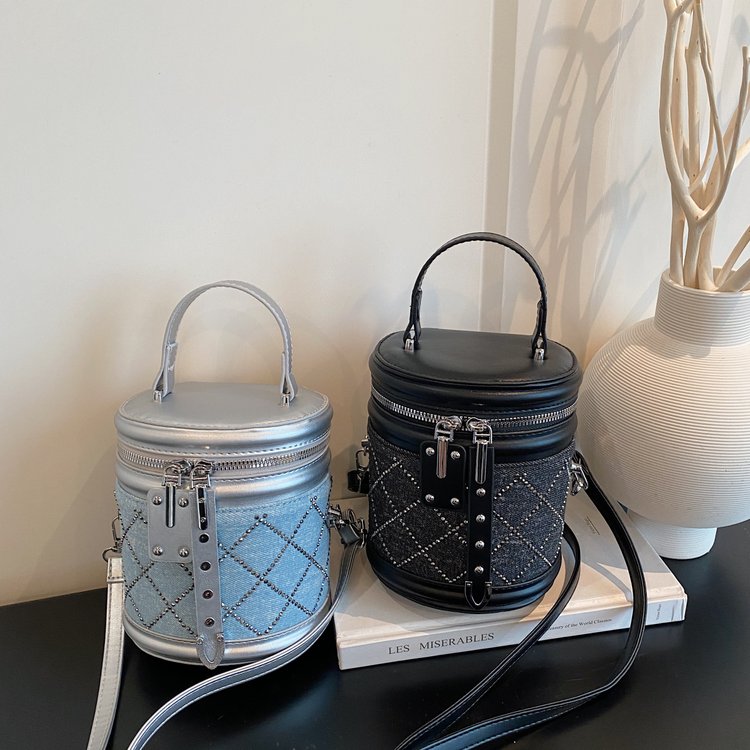 PU Bucket Bag with Rhinestone Detail and Zip Closure - Handbag Shoulder Crossbody Bag for Summer 2026